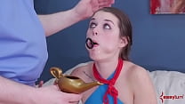Leashed slut gagging on toy