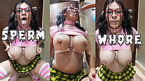 Bukkake sissy slut addicted to receiving milk on her face and tits