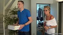 Mother fucks the young pizza boy and her husband watches
