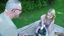 Petite girl blonde takes old man cock in her wet pussy then gives deepthroat blowjob and swallow