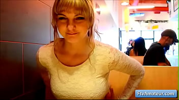 Sexy natural big tit blonde amateur teen Alyssa flash her big boobs in a diner