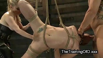 Tied up suspended blonde tortured and fisted and throat fucked