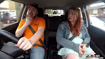 Curvy ginger inked babe publicly fucked in car by instructor