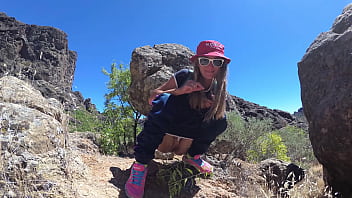 PISS PISS TRAVEL - Young girl tourist peeing in the mountains Gran Canaria. Public Canarias