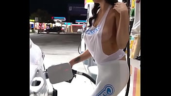 sexy girl spit on gas station