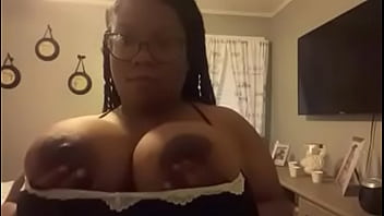 Big tit ebony milf plays with boobs while husband is at work