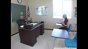 Sexy blonde teen lays on desk and get fucked by her teacher