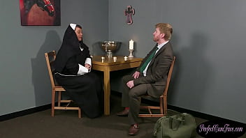 Slobbery nun sucks on ginger cock